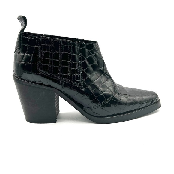 L’INTERVALLE BLACK LEATHER ANKLE BOOT WESTERN BOOT CROCODILE EMBOSSED BLOCK HEEL - Picture 3 of 10